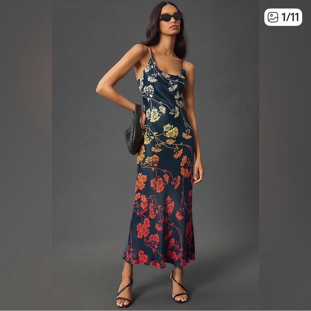 Anthropologie Navy Maxi Slip Dress with Ombre Floral Print